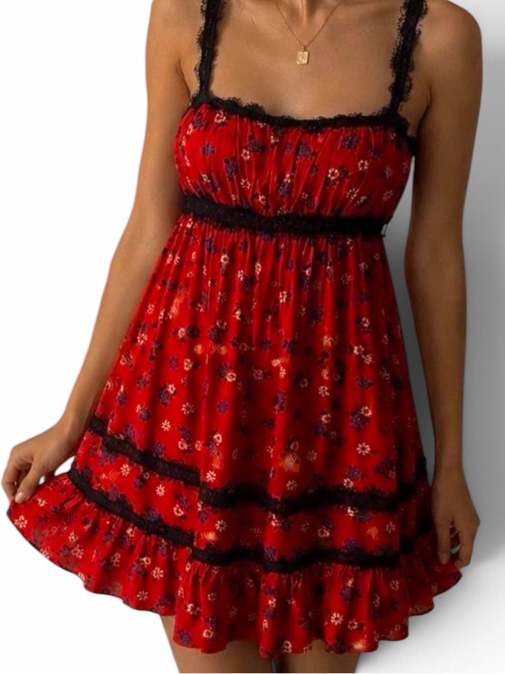 Urban Outfitters Eliana Red Floral Lace-Trim Strappy Back Floral Mini Dress XS